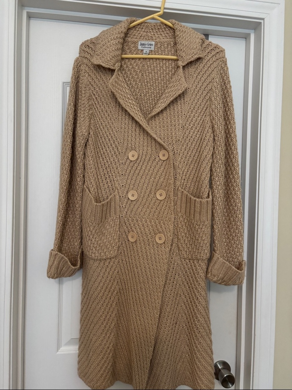 Tan Knit Double-Breasted Long Cardigan Coat